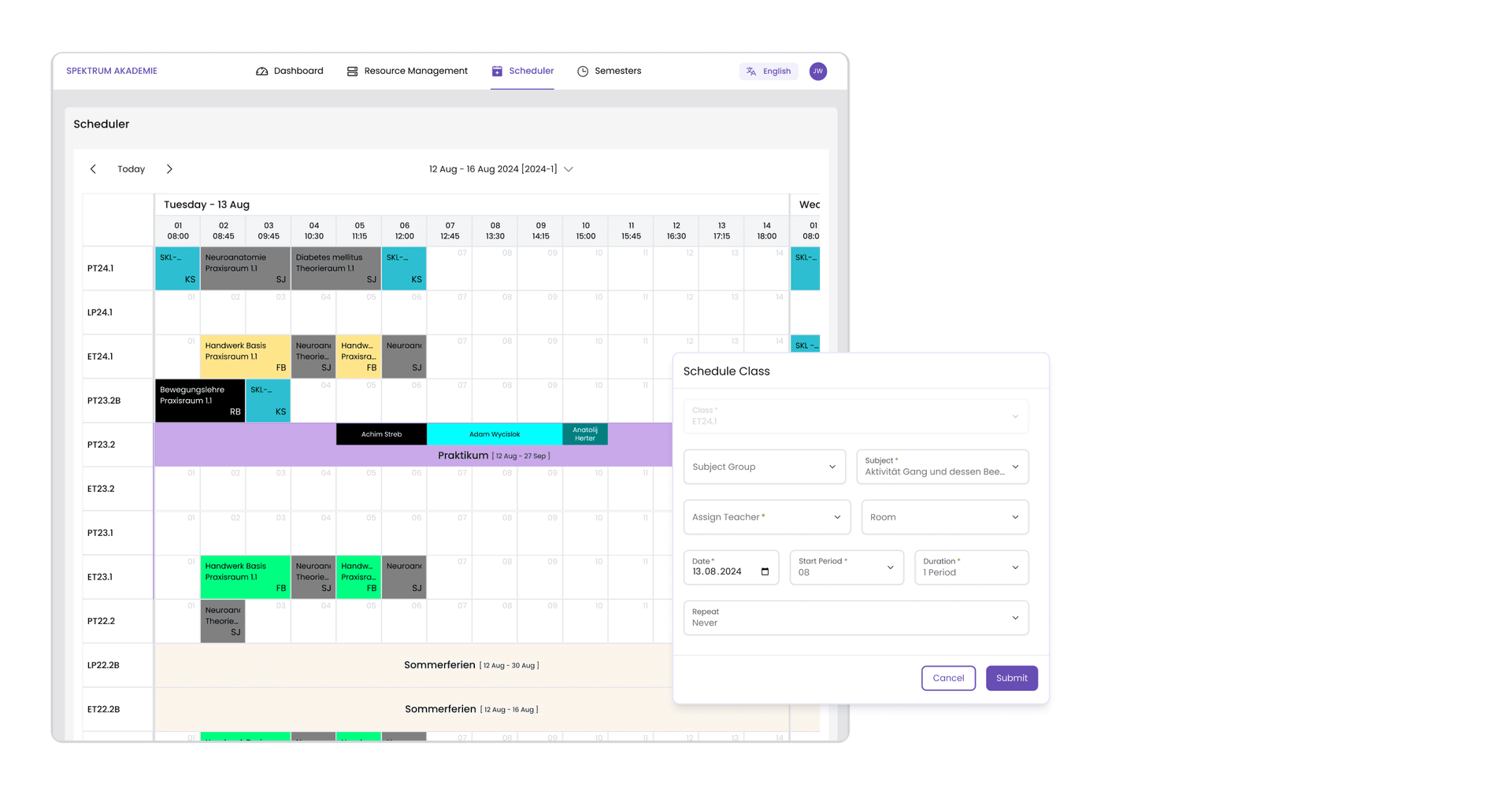 Third iteration: period view scheduler with a Schedule Class panel for assigning subject, teacher, room and duration