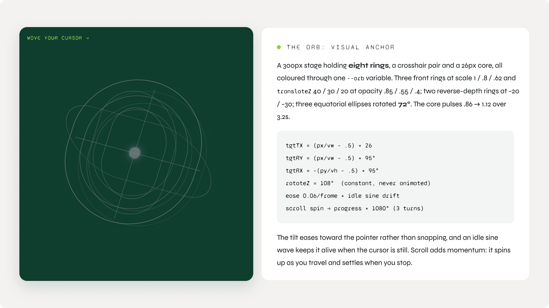 Visionar.ai orb hero anchor design and rationale, as documented in the shipped design system