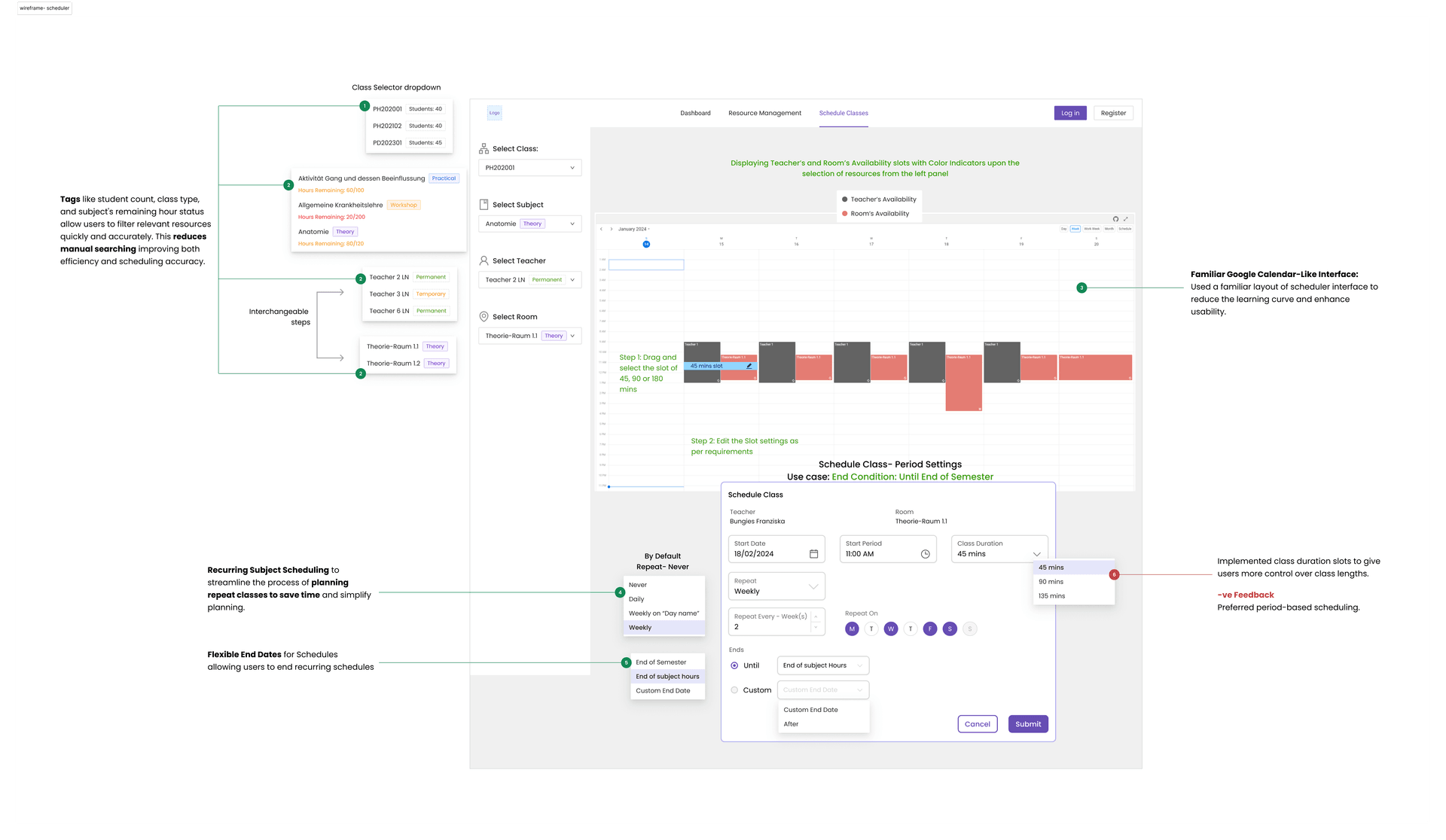 Early wireframe of the interchangeable class, subject, teacher and room selection steps